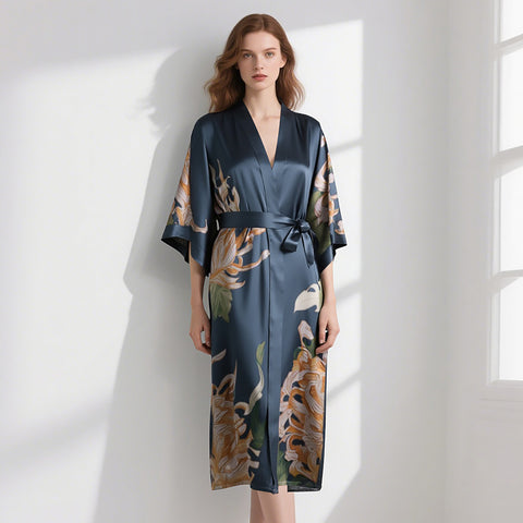 Heavy Silk Robe Kimono Floral Print Long