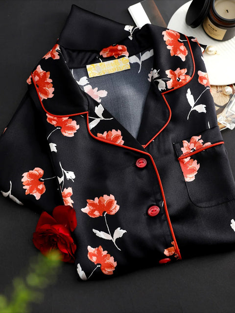 Women's 100% Mulberry Silk Long Sleeve Pajama Set, Floral Print Luxury Loungewear Sleepwear