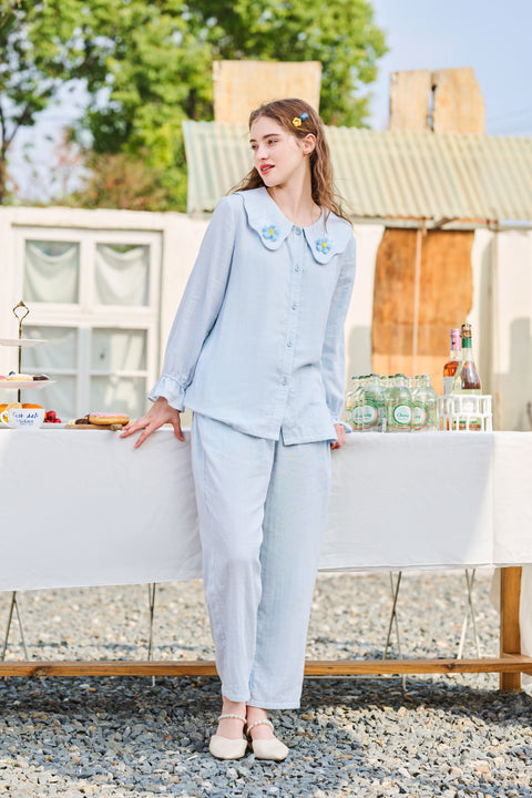 Tela De Hilo De Pijama De Algodón Azul Claro