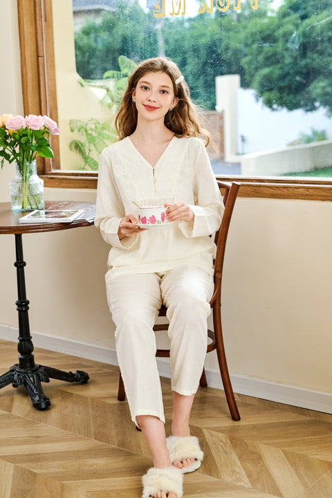Cotton Pajama Set Yarn Fabric Creamy White (Clearance)