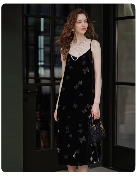 Women’s Velvet Slip Dress with Silk Lining – Black Cocktail Dress, Backless V-Neck Party Dress, Butterfly Jacquard, Elegant Mid-Length Evening Dress