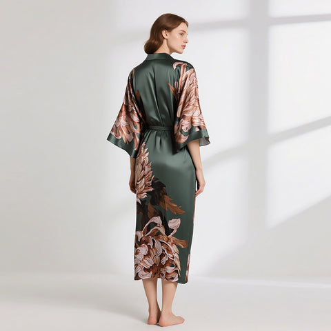Heavy Silk Robe Kimono Floral Print Long