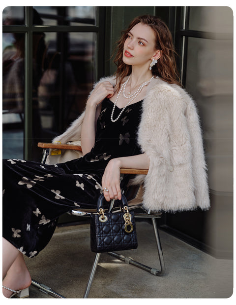 Women’s Velvet Slip Dress with Silk Lining – Black Cocktail Dress, Backless V-Neck Party Dress, Butterfly Jacquard, Elegant Mid-Length Evening Dress