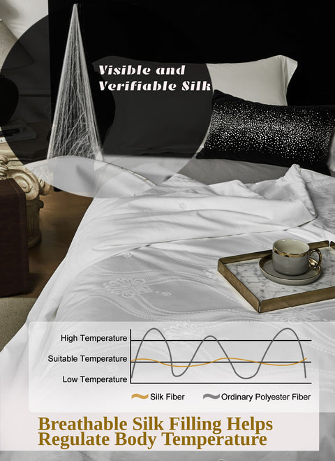 100% Silk Comforter for Sumer - Silk Filling with Cotton Cover Detachable & Machine Washable Luxury Silk Duvet Insert