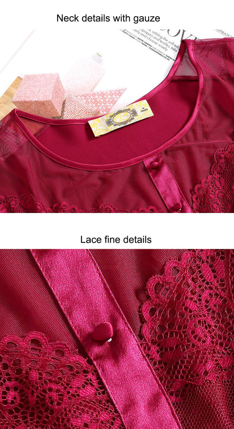 Camisón de seda de manga corta con encaje y almohadillas para el pecho
