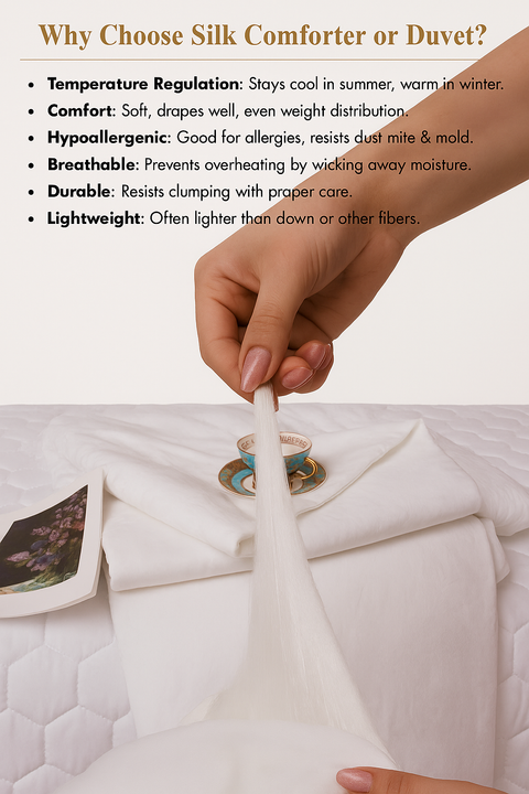 100% Silk Comforter for Sumer - Silk Filling with Cotton Cover Detachable & Machine Washable Luxury Silk Duvet Insert