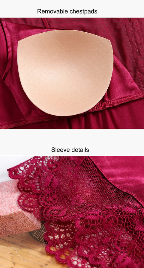 Camisón de seda de manga corta con encaje y almohadillas para el pecho