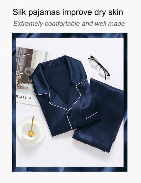 Klassisches Pyjama-Set aus Indigo-Seide für Herren, dunkelblau, Loungewear und Nachtwäsche