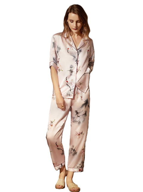 Le Silk Bouquet Women's 100% Silk Pajama Set Floral Patterns