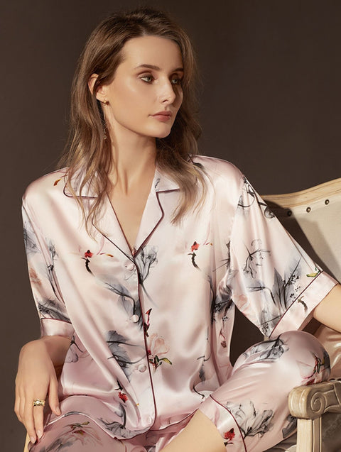 Le Silk Bouquet Women's 100% Silk Pajama Set Floral Patterns