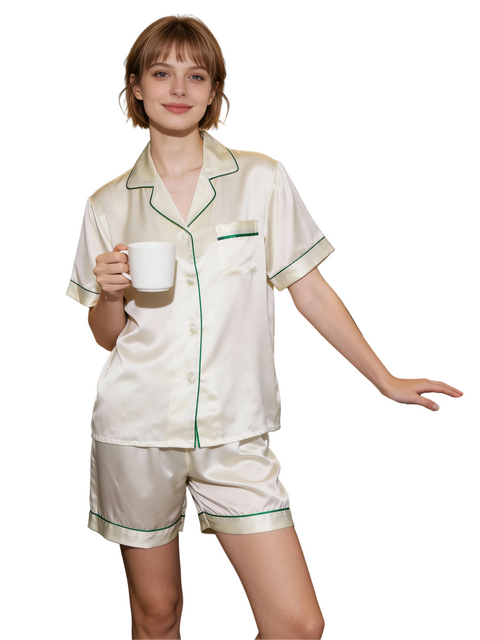Women's Short Sleeve Silk Pajamas Set, 100% Mulberry Silk, 19 Momme Luxury Shorts & Shirt for Nightwear and Loungewear