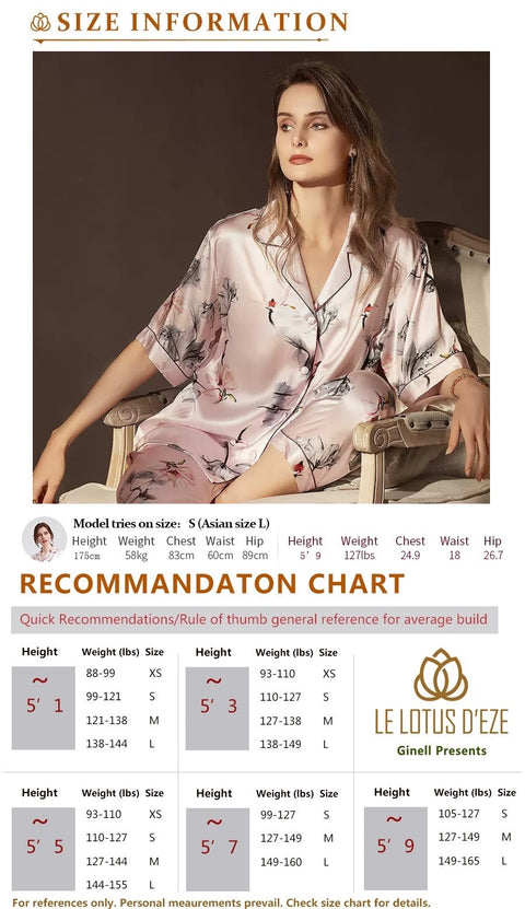 Le Silk Bouquet Women's 100% Silk Pajama Set Floral Patterns