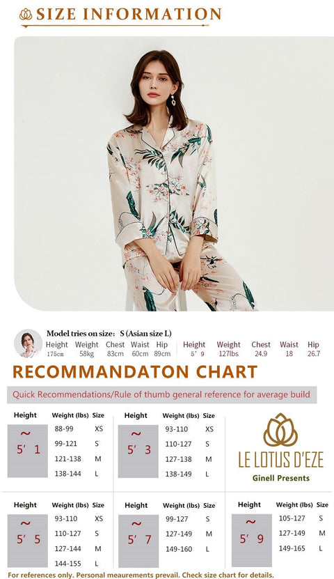 Le Silk Bouquet Women's 100% Silk Pajama Set Floral Patterns