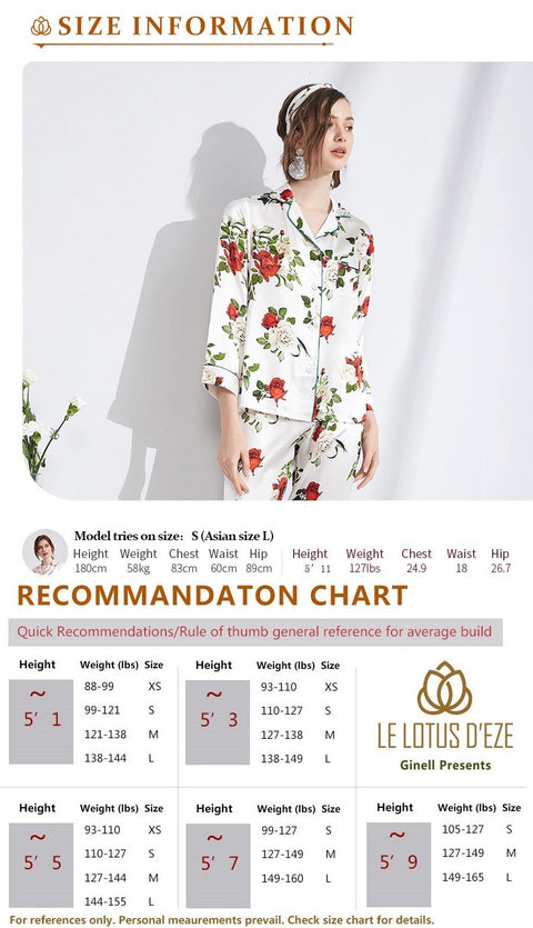 Le Silk Bouquet Women's 100% Silk Pajama Set Floral Patterns