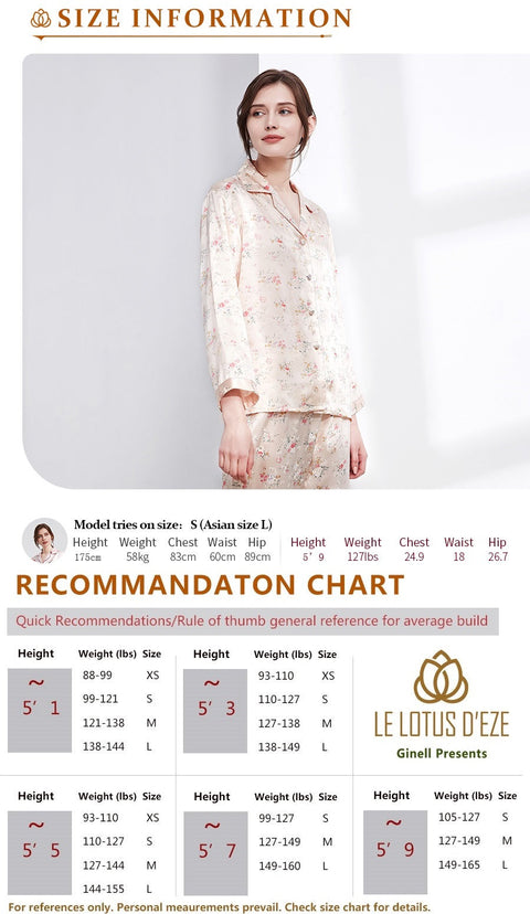 Le Silk Bouquet Women's 100% Silk Pajama Set Floral Patterns