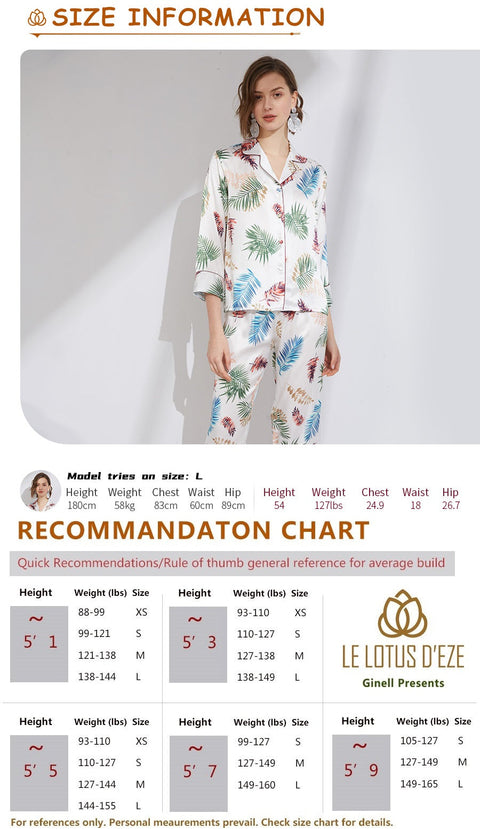 Le Silk Bouquet Women's 100% Silk Pajama Set Floral Patterns