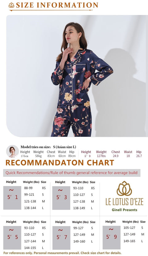 Le Silk Bouquet Women's 100% Silk Pajama Set Floral Patterns