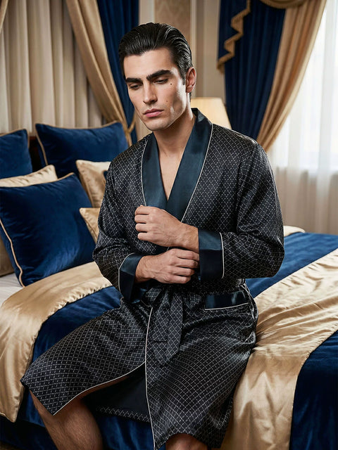 Men's 19 Momme 100% Mulberry Silk Robe, Long Shawl Collar Diamond Print Luxury Loungewear Bathrobe Model