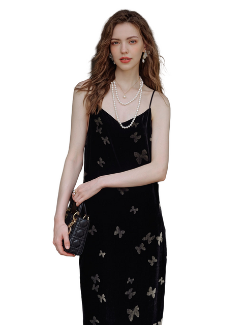 Women’s Velvet Slip Dress with Silk Lining – Black Cocktail Dress, Backless V-Neck Party Dress, Butterfly Jacquard, Elegant Mid-Length Evening Dress