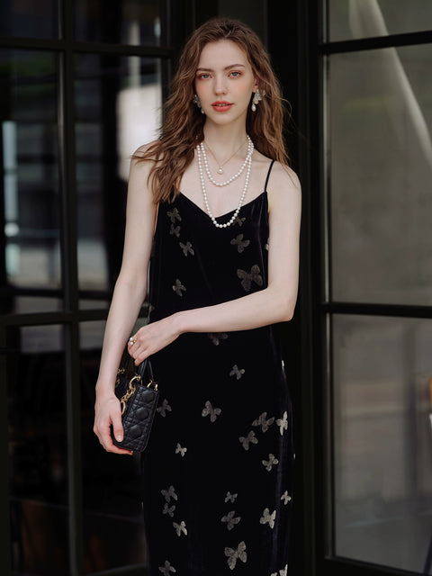 Women’s Velvet Slip Dress with Silk Lining – Black Cocktail Dress, Backless V-Neck Party Dress, Butterfly Jacquard, Elegant Mid-Length Evening Dress