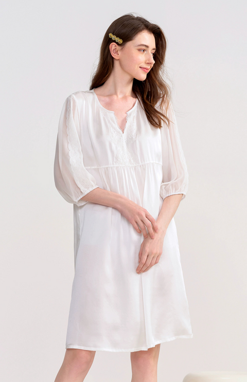 Women's Silk Nightgown Spring/Summer Mulberry Silk Georgette Lace Trim 3/4 Sleeve Sleepwear Loungewear