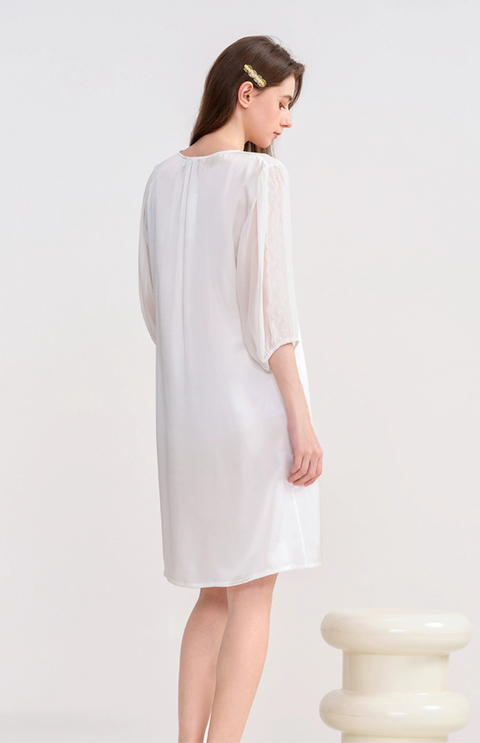 Women's Silk Nightgown Spring/Summer Mulberry Silk Georgette Lace Trim 3/4 Sleeve Sleepwear Loungewear