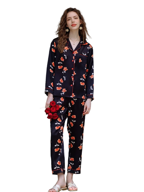 Women's 100% Mulberry Silk Long Sleeve Pajama Set, Floral Print Luxury Loungewear Sleepwear