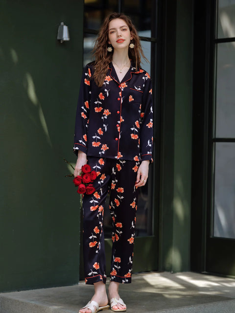 Women's 100% Mulberry Silk Long Sleeve Pajama Set, Floral Print Luxury Loungewear Sleepwear Main
