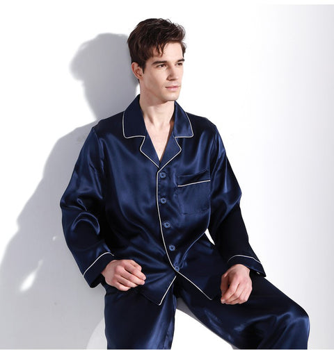 Klassisches Pyjama-Set aus Indigo-Seide für Herren, dunkelblau, Loungewear und Nachtwäsche
