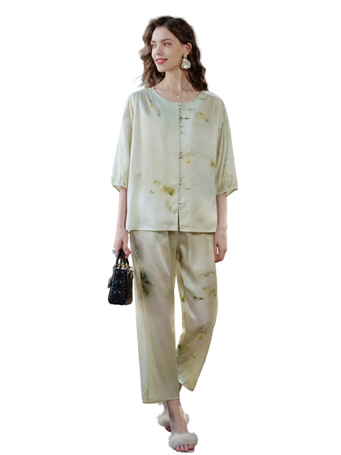 Women's 100% Mulberry Silk 3/4 Sleeve Pajama Set, Chinese Ink Print Summer Luxury Loungewear Sleepwear
