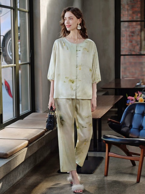 Women's 100% Mulberry Silk 3/4 Sleeve Pajama Set, Chinese Ink Print Summer Luxury Loungewear Sleepwear Main