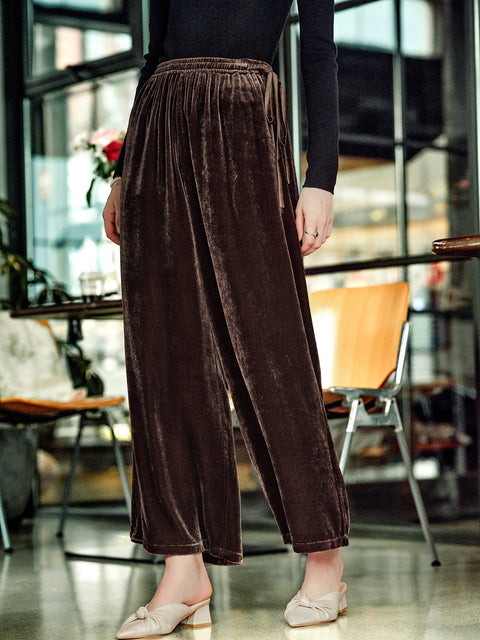 Ginell Women Velvet Wide‑Leg Pants, Elastic High Waist Straight Leg Trousers with 100% Mulberry Silk Liner, Casual Lounge Pants for Fall Winter