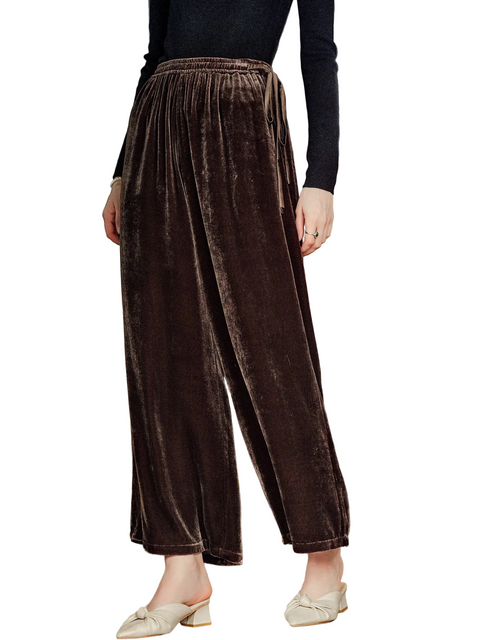 Ginell Women Velvet Wide‑Leg Pants, Elastic High Waist Straight Leg Trousers with 100% Mulberry Silk Liner, Casual Lounge Pants for Fall Winter