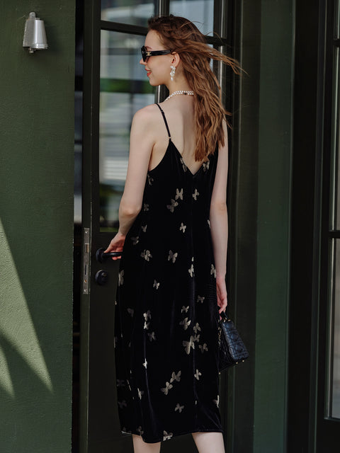 Women’s Velvet Slip Dress with Silk Lining – Black Cocktail Dress, Backless V-Neck Party Dress, Butterfly Jacquard, Elegant Mid-Length Evening Dress