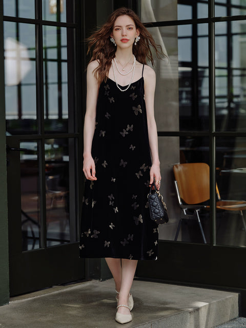 Women’s Velvet Slip Dress with Silk Lining – Black Cocktail Dress, Backless V-Neck Party Dress, Butterfly Jacquard, Elegant Mid-Length Evening Dress