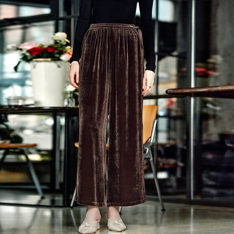Ginell Women Velvet Wide‑Leg Pants, Elastic High Waist Straight Leg Trousers with 100% Mulberry Silk Liner, Casual Lounge Pants for Fall Winter