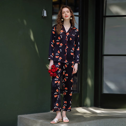 Women's 100% Mulberry Silk Long Sleeve Pajama Set, Floral Print Luxury Loungewear Sleepwear Details