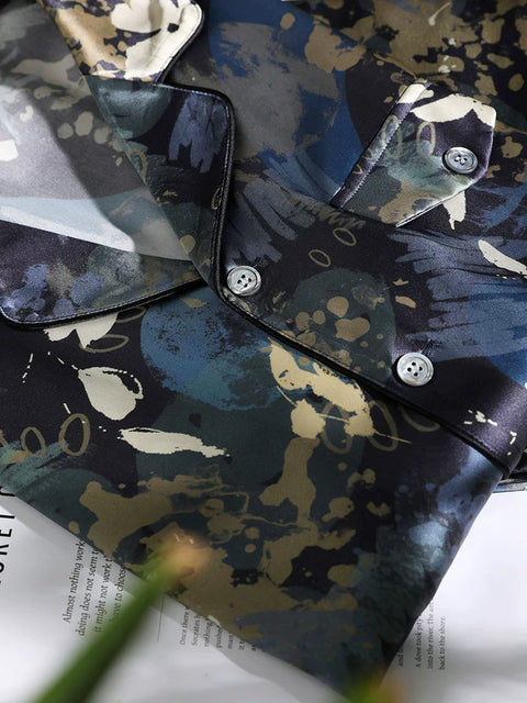 Men's 100% Mulberry Silk Pajama Set, Navy Floral Print with Pocket & Shorts Details
