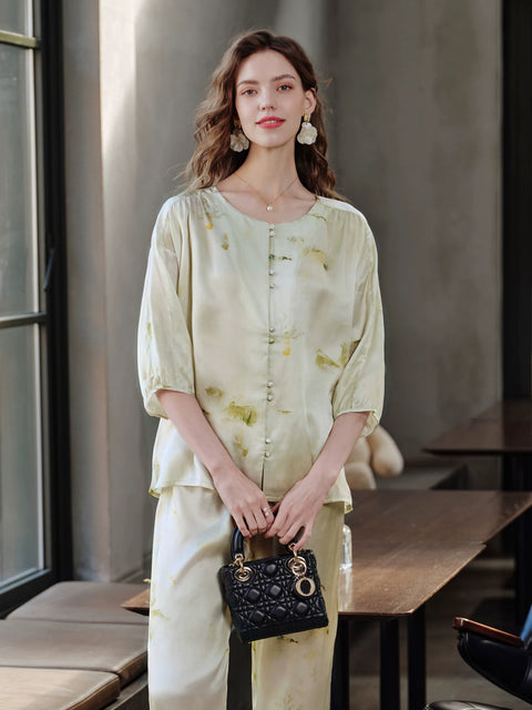 Women's 100% Mulberry Silk 3/4 Sleeve Pajama Set, Chinese Ink Print Summer Luxury Loungewear Sleepwear Model