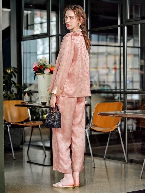 Retro New Chinese Style Palace-Inspired Silk Blend Jacquard Long Sleeve Pajama Set for Women Model