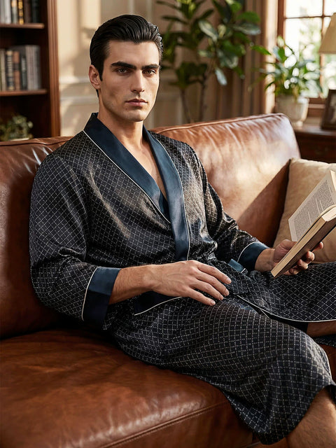 Men's 19 Momme 100% Mulberry Silk Robe, Long Shawl Collar Diamond Print Luxury Loungewear Bathrobe Main