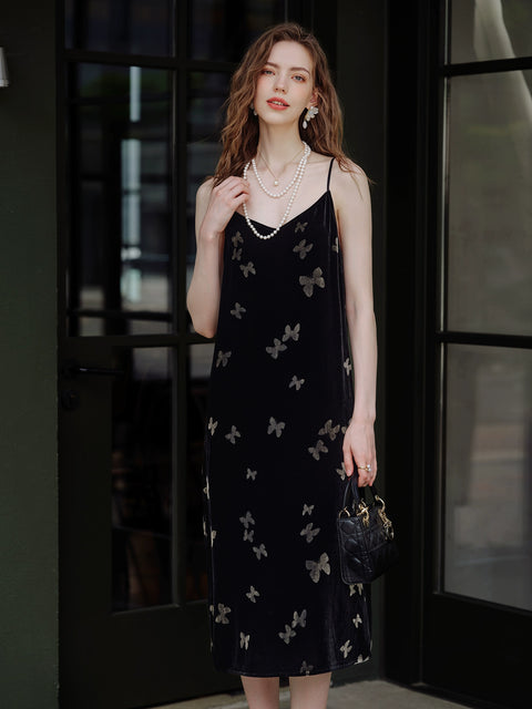 Women’s Velvet Slip Dress with Silk Lining – Black Cocktail Dress, Backless V-Neck Party Dress, Butterfly Jacquard, Elegant Mid-Length Evening Dress