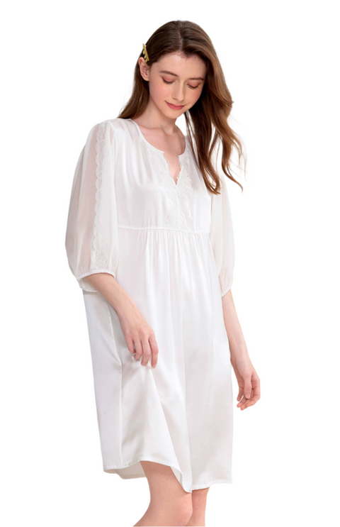 Women's Silk Nightgown Spring/Summer Mulberry Silk Georgette Lace Trim 3/4 Sleeve Sleepwear Loungewear