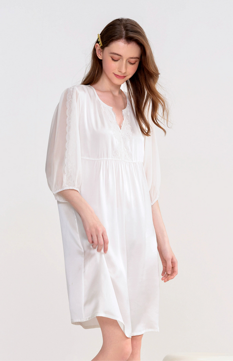 Women's Silk Nightgown Spring/Summer Mulberry Silk Georgette Lace Trim 3/4 Sleeve Sleepwear Loungewear