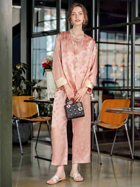 Retro New Chinese Style Palace-Inspired Silk Blend Jacquard Long Sleeve Pajama Set for Women Main