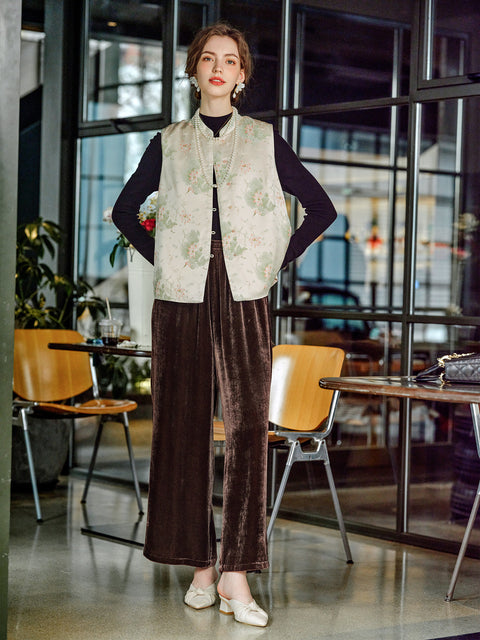 Ginell Women Velvet Wide‑Leg Pants, Elastic High Waist Straight Leg Trousers with 100% Mulberry Silk Liner, Casual Lounge Pants for Fall Winter