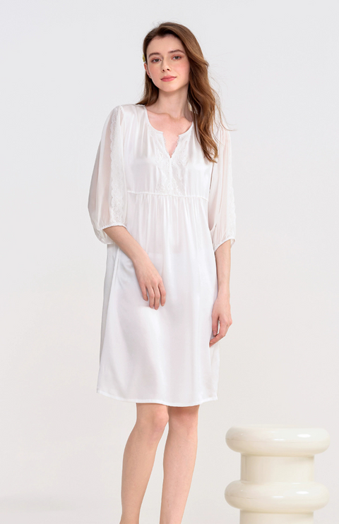 Women's Silk Nightgown Spring/Summer Mulberry Silk Georgette Lace Trim 3/4 Sleeve Sleepwear Loungewear