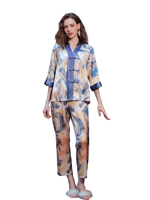 Women's 100% Mulberry Silk Pajama Set Chinese Style Traditional Knot Loungewear, Marble Print 3/4 Sleeve Top & Long Pants Sleepwear, Luxury Satin PJs for Ladies