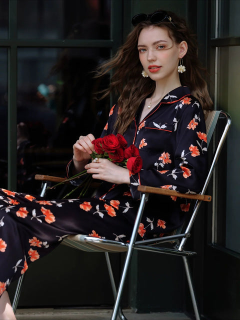 Women's 100% Mulberry Silk Long Sleeve Pajama Set, Floral Print Luxury Loungewear Sleepwear
