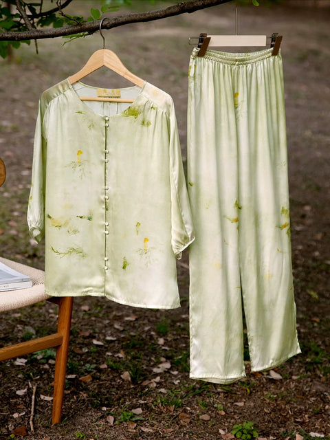 Women's 100% Mulberry Silk 3/4 Sleeve Pajama Set, Chinese Ink Print Summer Luxury Loungewear Sleepwear